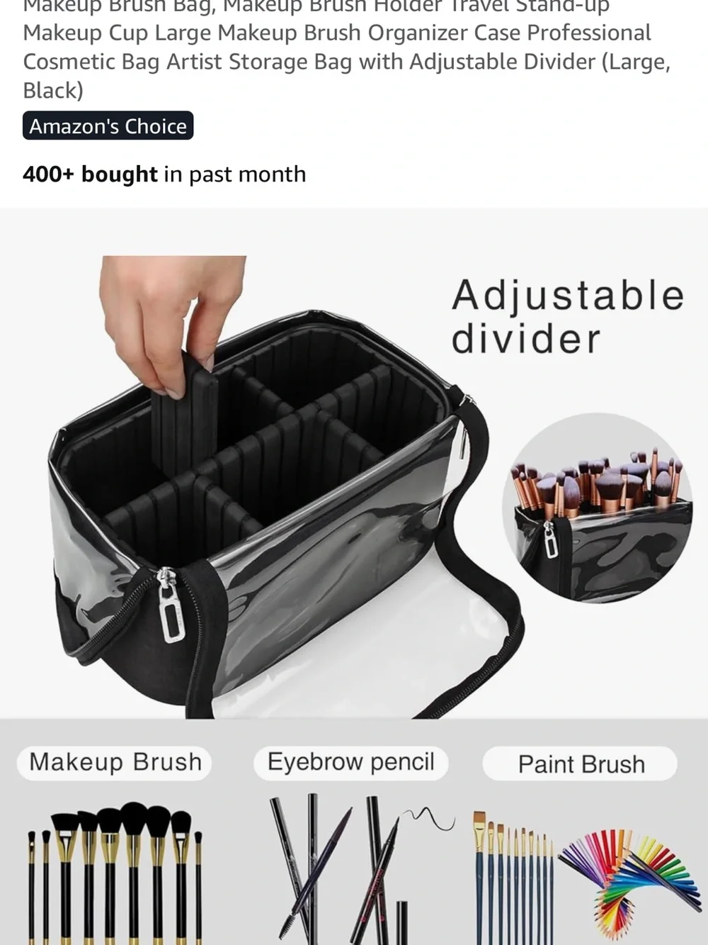 Clear-Top Black Makeup or paint brushes Organizer Bag